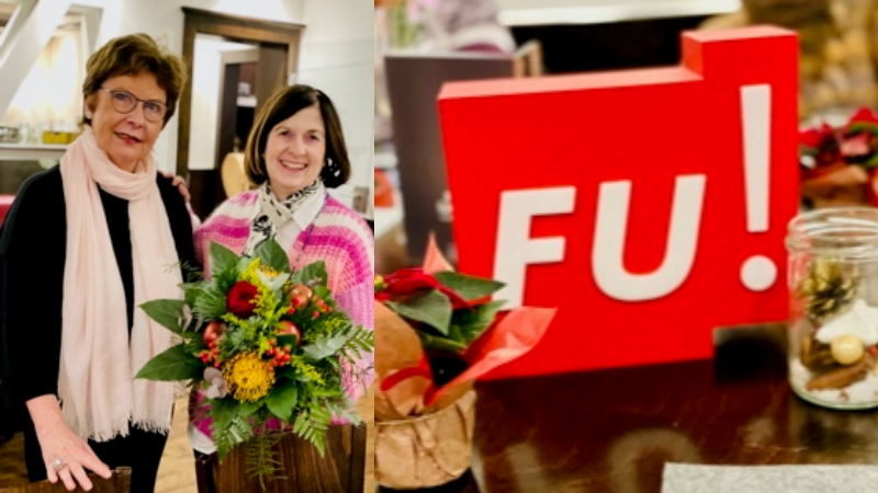 Monika Pieper (links) gratuliert im Namen der FU der CDU-Fraktionsvorsitzenden in der BV Mitte, Susanne Dewender (rechts) zum runden Geburtstag